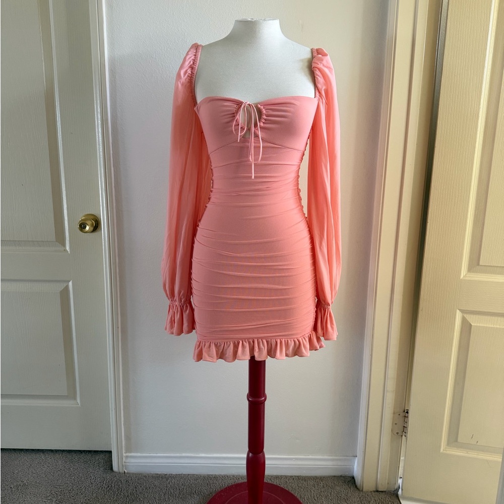 Oh Polly Blush Long Sleeve Ruched Dress